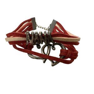 Handmade Red & Beige Nana Charm Bracelet With Double Heart Pendant Gift